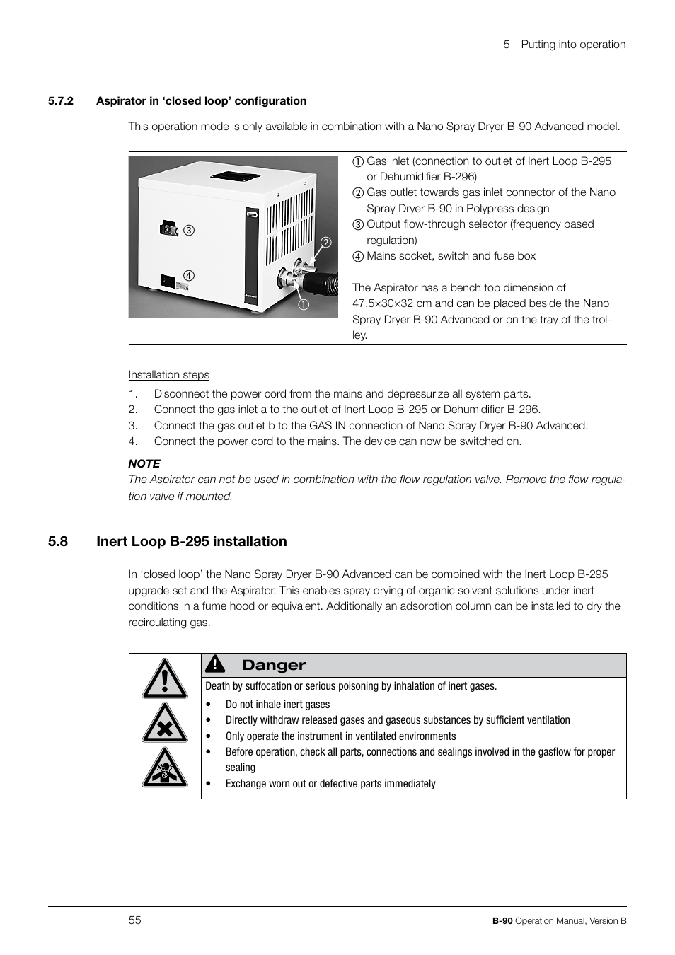 8 inert loop b-295 installation, Danger | BUCHI Nano Spray Dryer B-90 User Manual | Page 55 / 104
