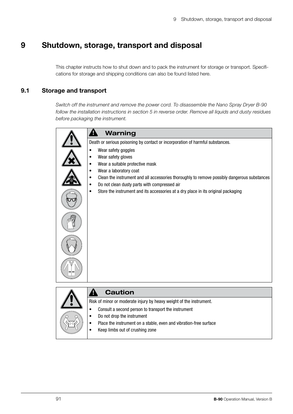 9shutdown, storage, transport and disposal | BUCHI Nano Spray Dryer B-90 User Manual | Page 91 / 104