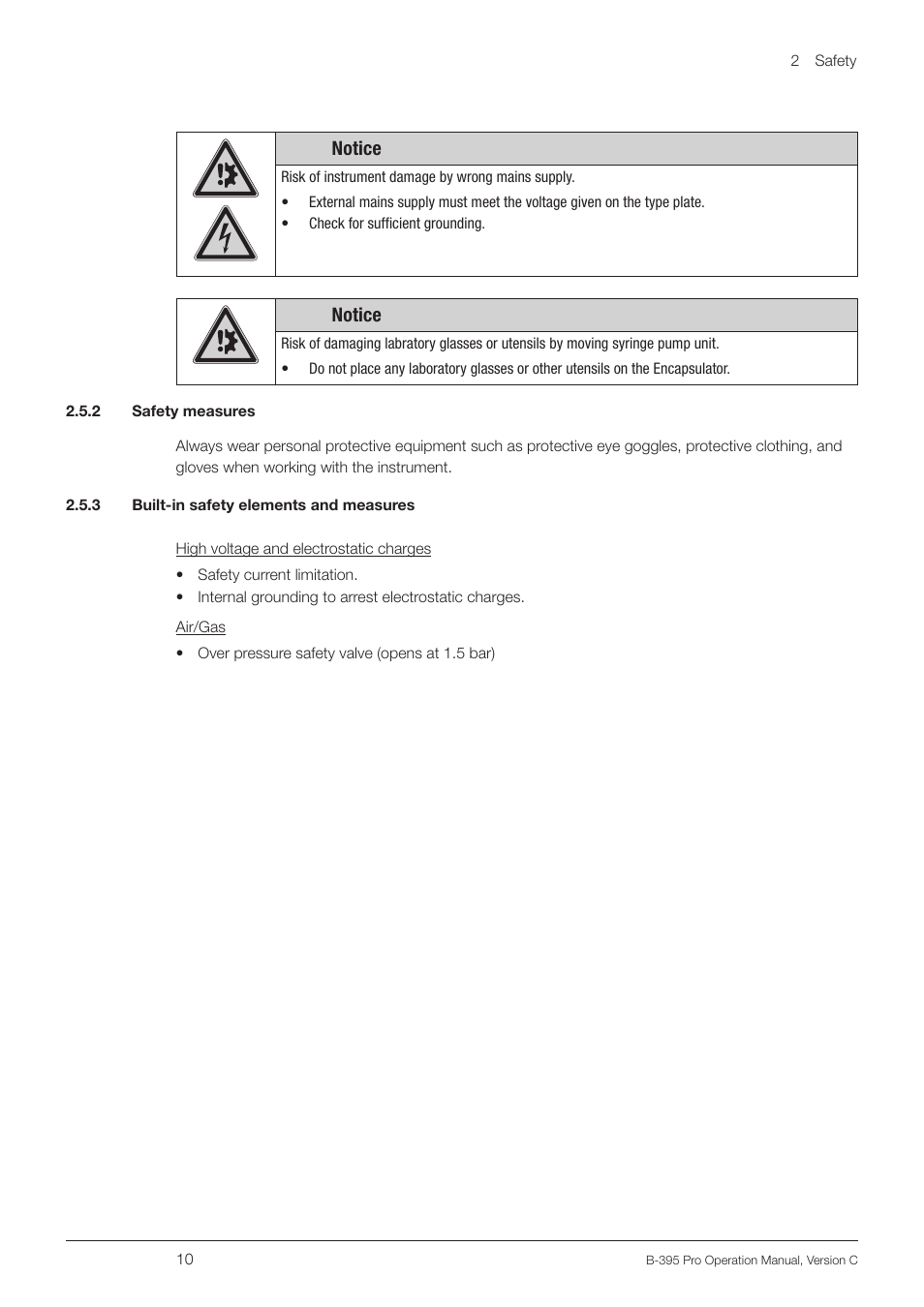 2 safety measures, 3 built-in safety elements and measures, Notice | BUCHI Encapsulator B-395 Pro User Manual | Page 10 / 82