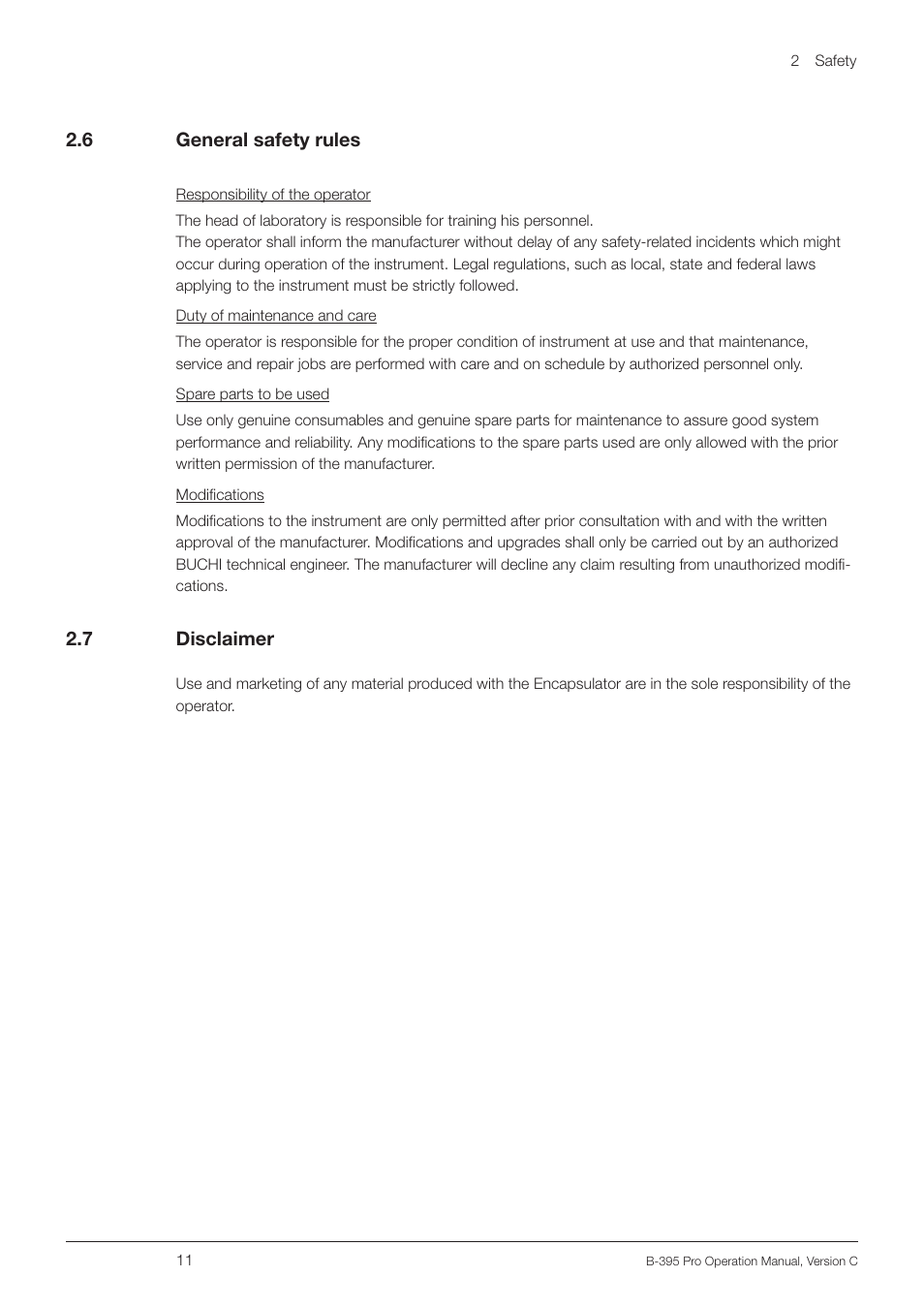 6 general safety rules, 7 disclaimer, General safety rules | BUCHI Encapsulator B-395 Pro User Manual | Page 11 / 82