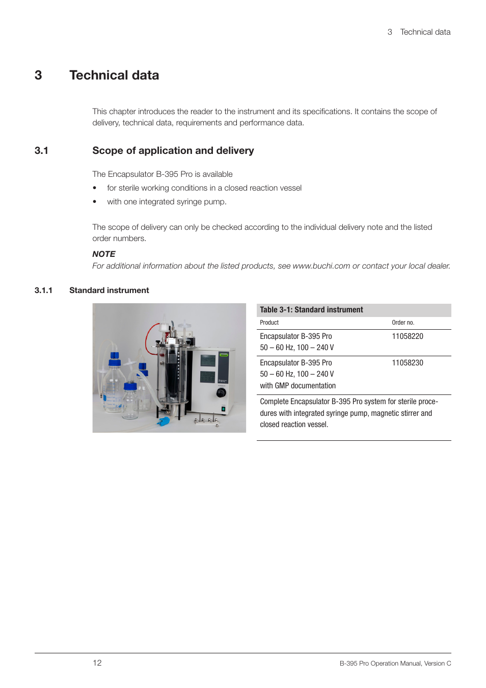 3 technical data, 1 scope of application and delivery, 1 standard instrument | Technical data 3.1, Scope of application and delivery, 3technical data, 3 .1 scope of application and delivery | BUCHI Encapsulator B-395 Pro User Manual | Page 12 / 82