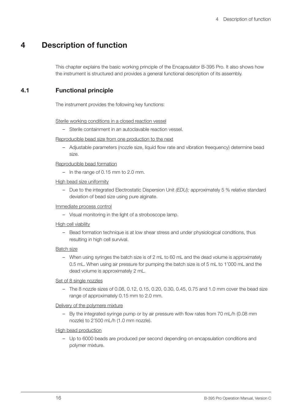 4 description of function, 1 functional principle, Description of function 4.1 | Functional principle, 4description of function, 4 .1 functional principle | BUCHI Encapsulator B-395 Pro User Manual | Page 16 / 82