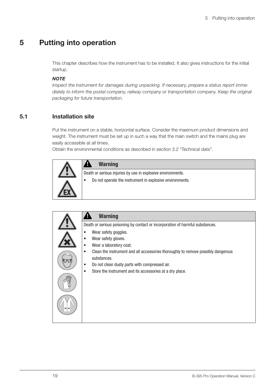 5 putting into operation, 1 installation site, Putting into operation 5.1 | Installation site, 5putting into operation | BUCHI Encapsulator B-395 Pro User Manual | Page 19 / 82