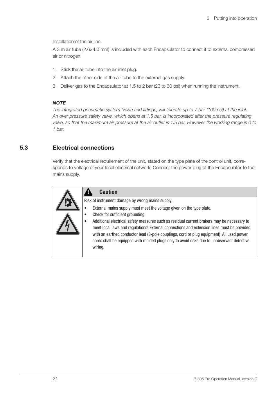 3 electrical connections, Electrical connections, 5 .3 electrical connections | Caution | BUCHI Encapsulator B-395 Pro User Manual | Page 21 / 82