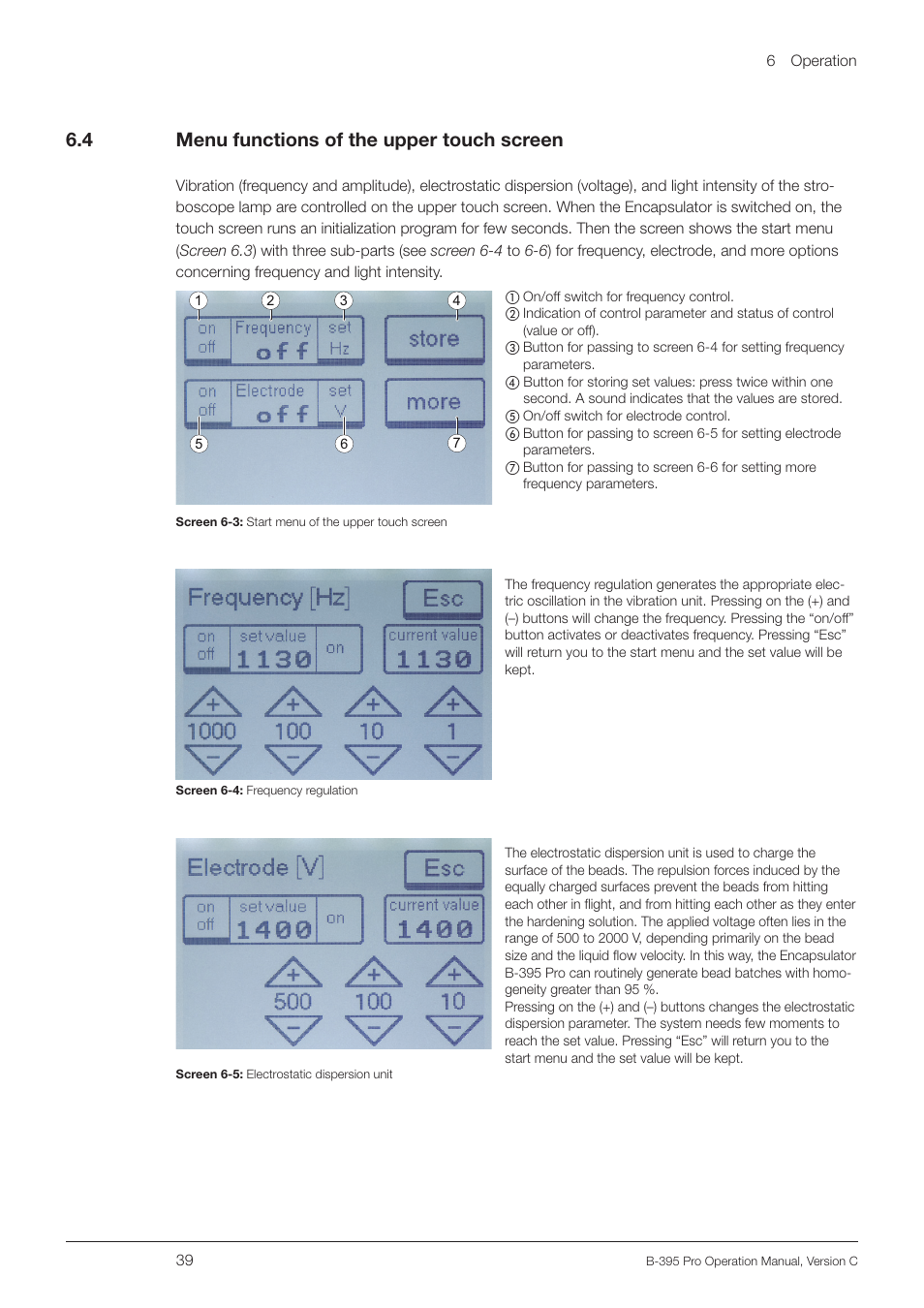 4 menu functions of the upper touch screen, Menu functions of the upper touch screen, 6 .4 menu functions of the upper touch screen | BUCHI Encapsulator B-395 Pro User Manual | Page 39 / 82