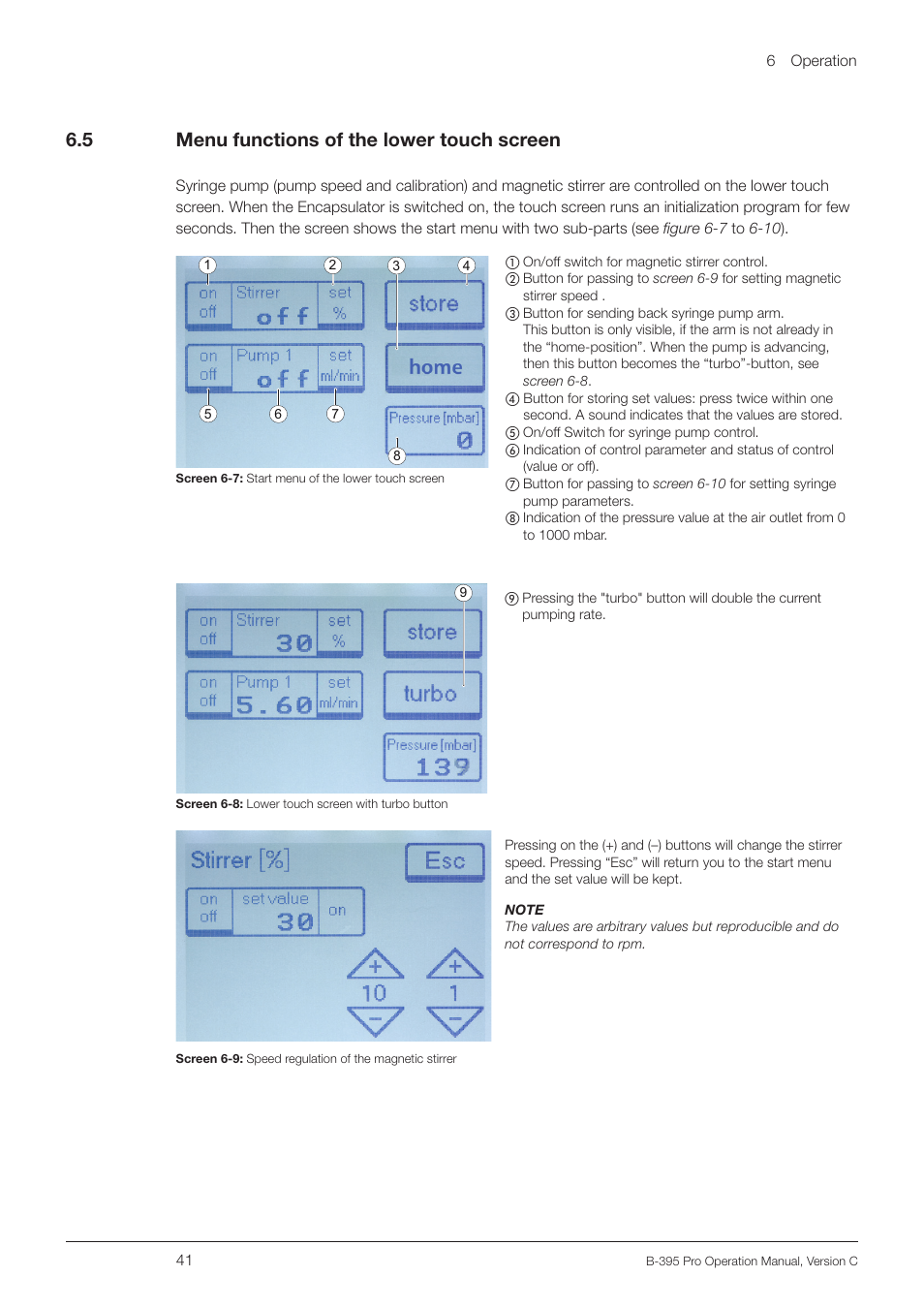 5 menu functions of the lower touch screen, Menu functions of the lower touch screen, 6 .5 menu functions of the lower touch screen | BUCHI Encapsulator B-395 Pro User Manual | Page 41 / 82