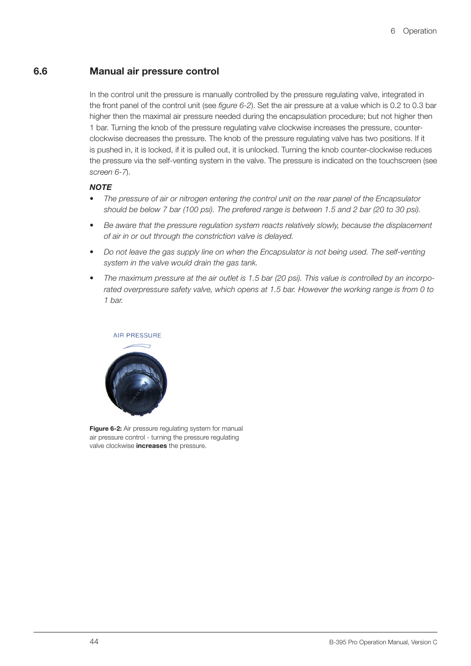 6 manual air pressure control, Manual air pressure control, 6 .6 manual air pressure control | BUCHI Encapsulator B-395 Pro User Manual | Page 44 / 82