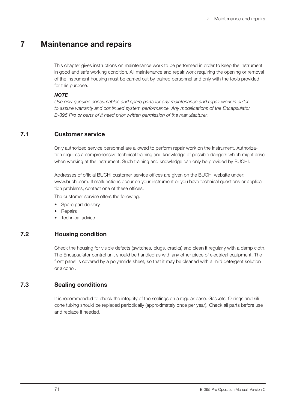 7 maintenance and repairs, 1 customer service, 2 housing condition | 3 sealing conditions, Maintenance and repairs 7.1, Customer service, Housing condition, Sealing conditions, 7maintenance and repairs | BUCHI Encapsulator B-395 Pro User Manual | Page 71 / 82