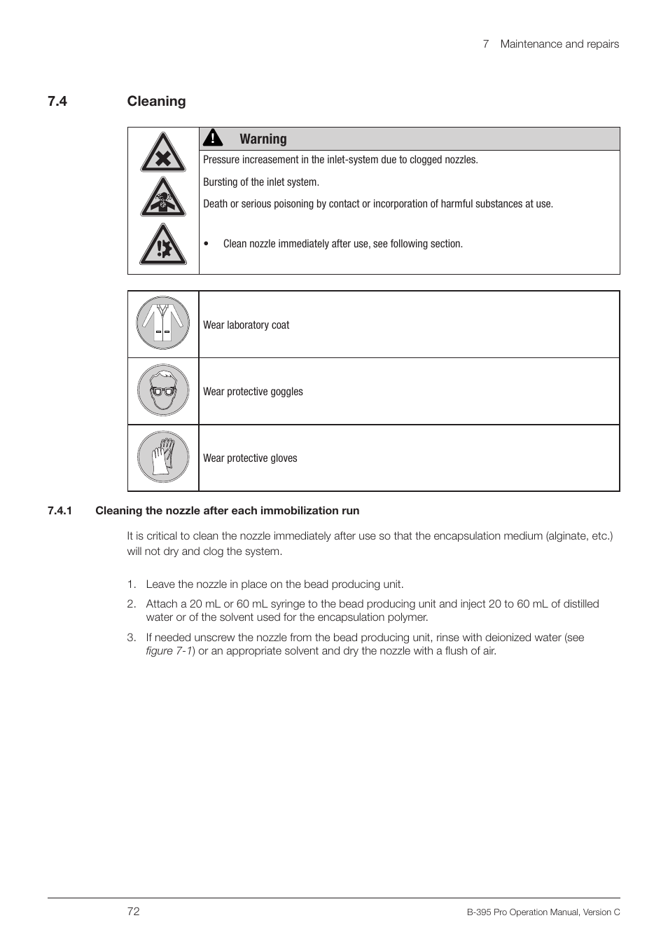 4 cleaning, 7 .4 cleaning, Warning | BUCHI Encapsulator B-395 Pro User Manual | Page 72 / 82