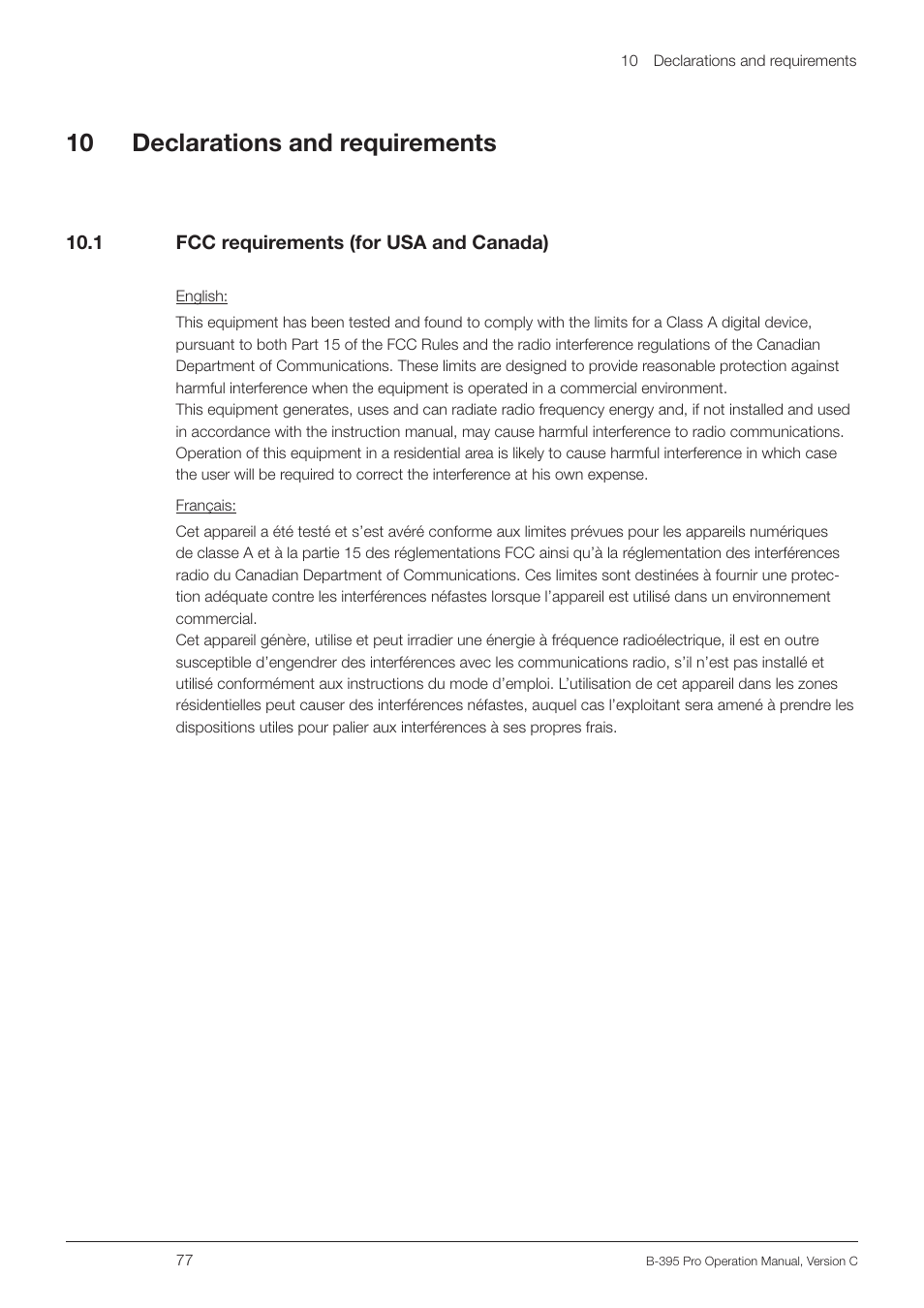 10 declarations and requirements, 1 fcc requirements (for usa and canada) | BUCHI Encapsulator B-395 Pro User Manual | Page 77 / 82