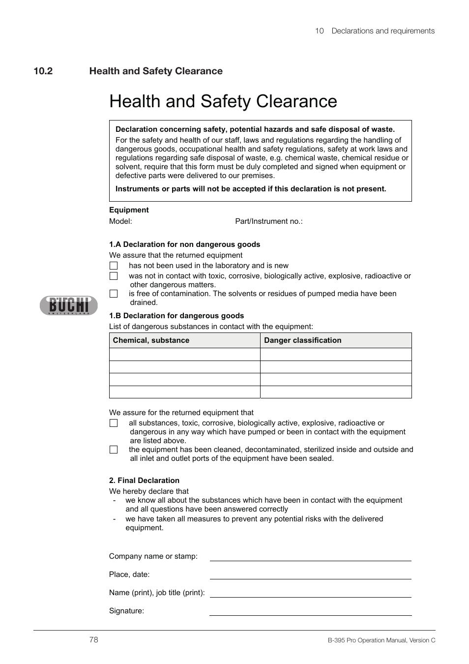 2 health and safety clearance, Health and safety clearance, 10 .2 health and safety clearance | BUCHI Encapsulator B-395 Pro User Manual | Page 78 / 82