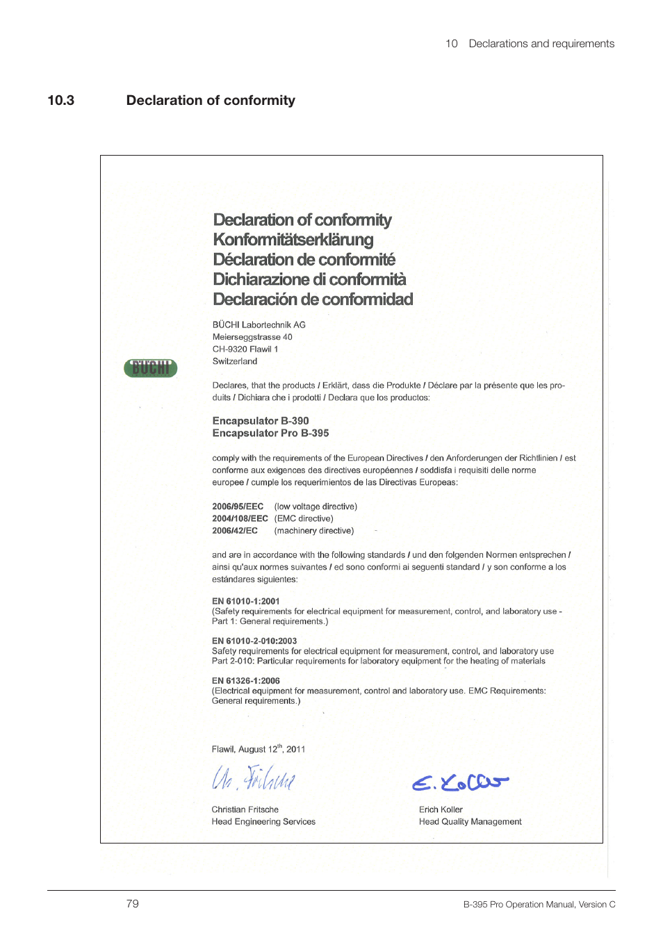 3 declaration of conformity, 10 .3 declaration of conformity | BUCHI Encapsulator B-395 Pro User Manual | Page 79 / 82