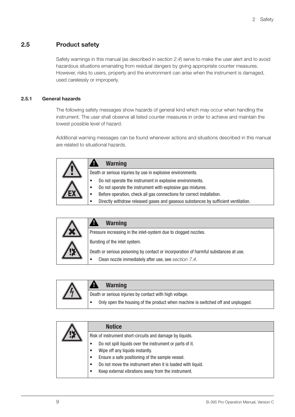 5 product safety, 1 general hazards, Product safety | BUCHI Encapsulator B-395 Pro User Manual | Page 9 / 82