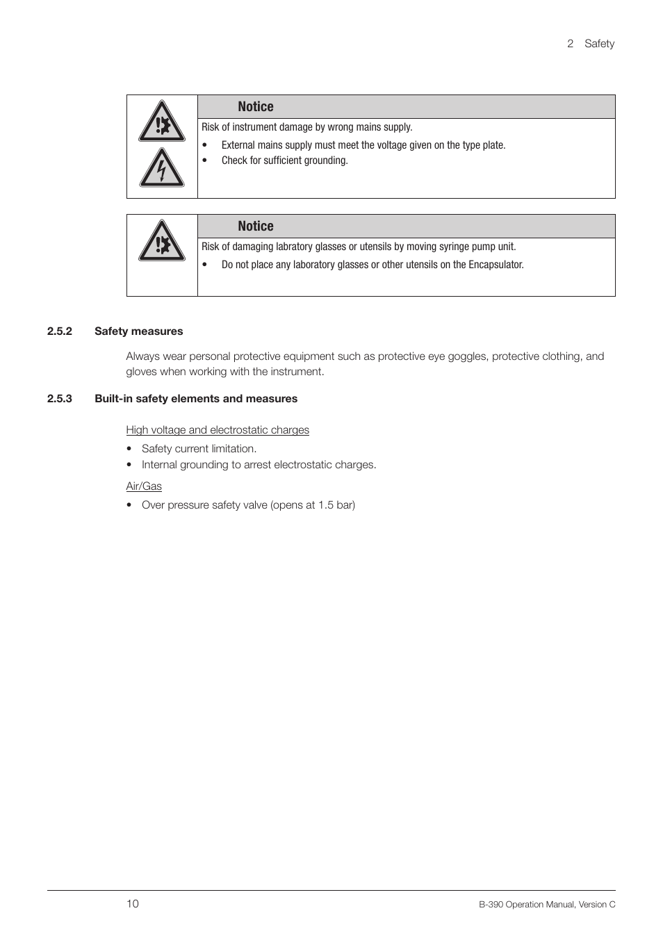 2 safety measures, 3 built-in safety elements and measures, Notice | BUCHI Encapsulator B-390 User Manual | Page 10 / 56