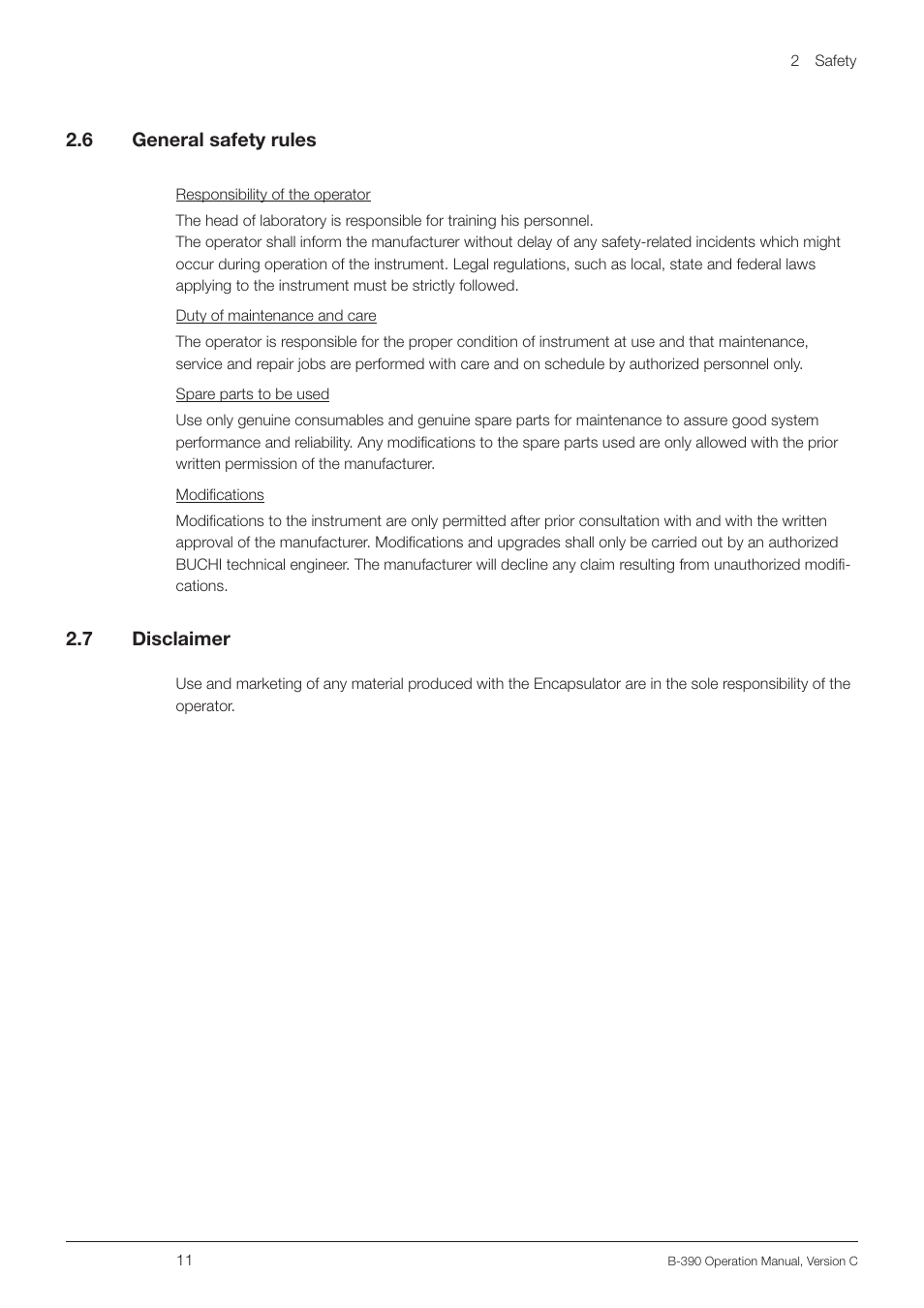 6 general safety rules, 7 disclaimer, General safety rules | BUCHI Encapsulator B-390 User Manual | Page 11 / 56