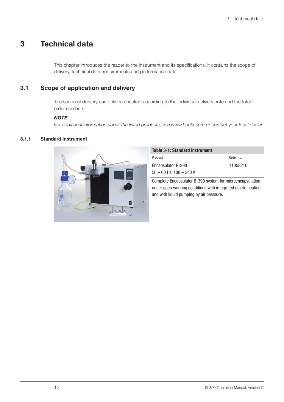 3 technical data, 1 scope of application and delivery, 1 standard instrument | Technical data 3.1, Scope of application and delivery, 3technical data, 3 .1 scope of application and delivery | BUCHI Encapsulator B-390 User Manual | Page 12 / 56