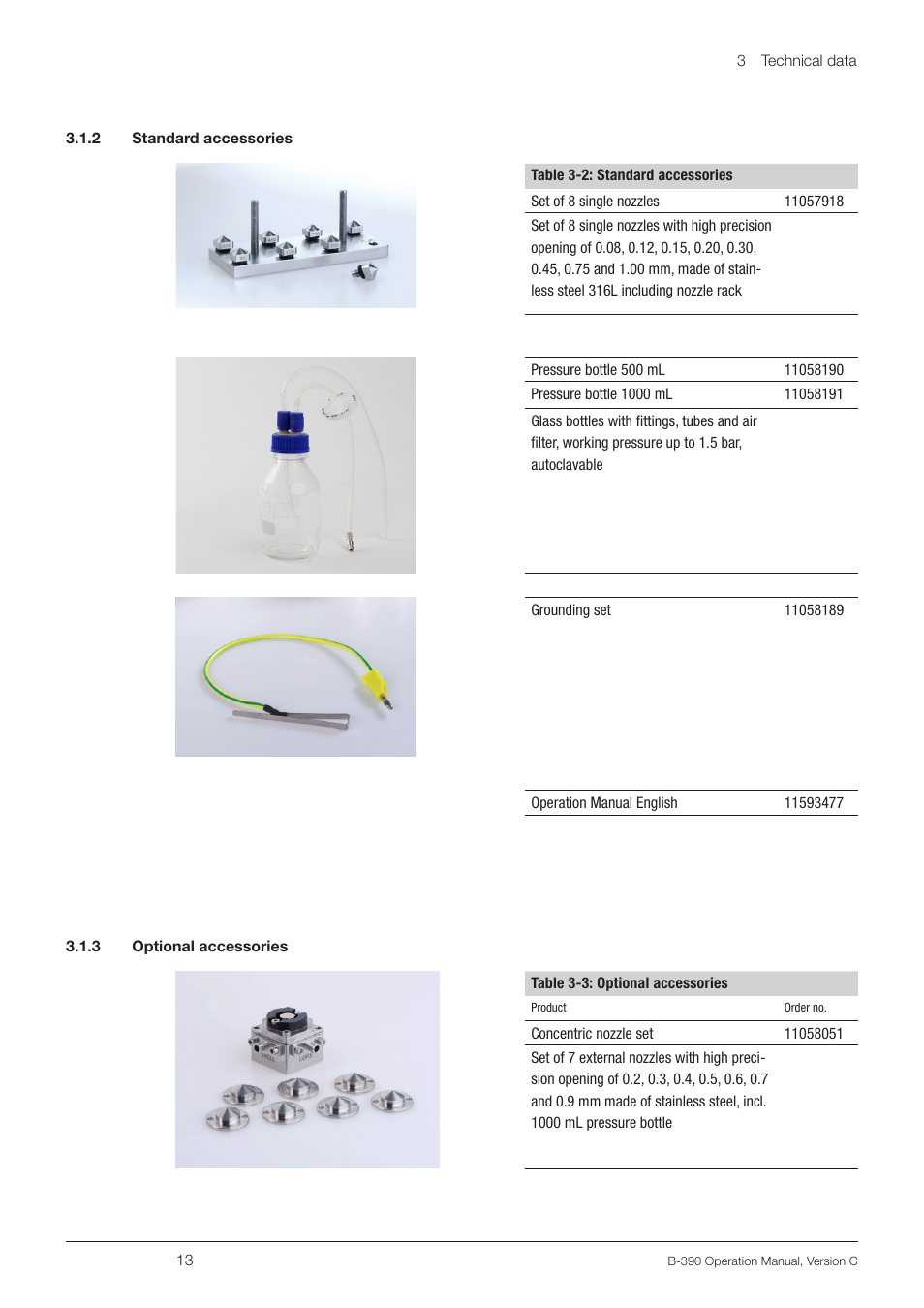 2 standard accessories, 3 optional accessories, 2 standard accessories 3.1.3 optional accessories | BUCHI Encapsulator B-390 User Manual | Page 13 / 56