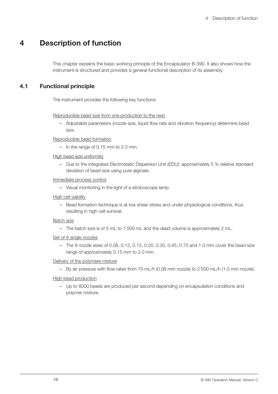 4 description of function, 1 functional principle, Description of function 4.1 | Functional principle, 4description of function, 4 .1 functional principle | BUCHI Encapsulator B-390 User Manual | Page 16 / 56
