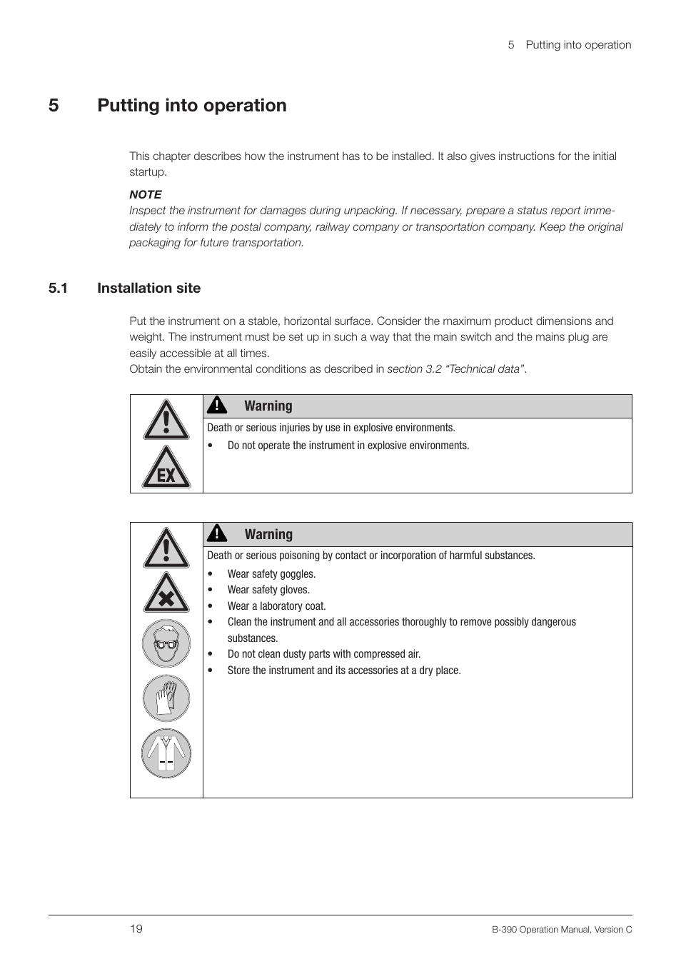 5 putting into operation, 1 installation site, Putting into operation 5.1 | Installation site, 5putting into operation | BUCHI Encapsulator B-390 User Manual | Page 19 / 56