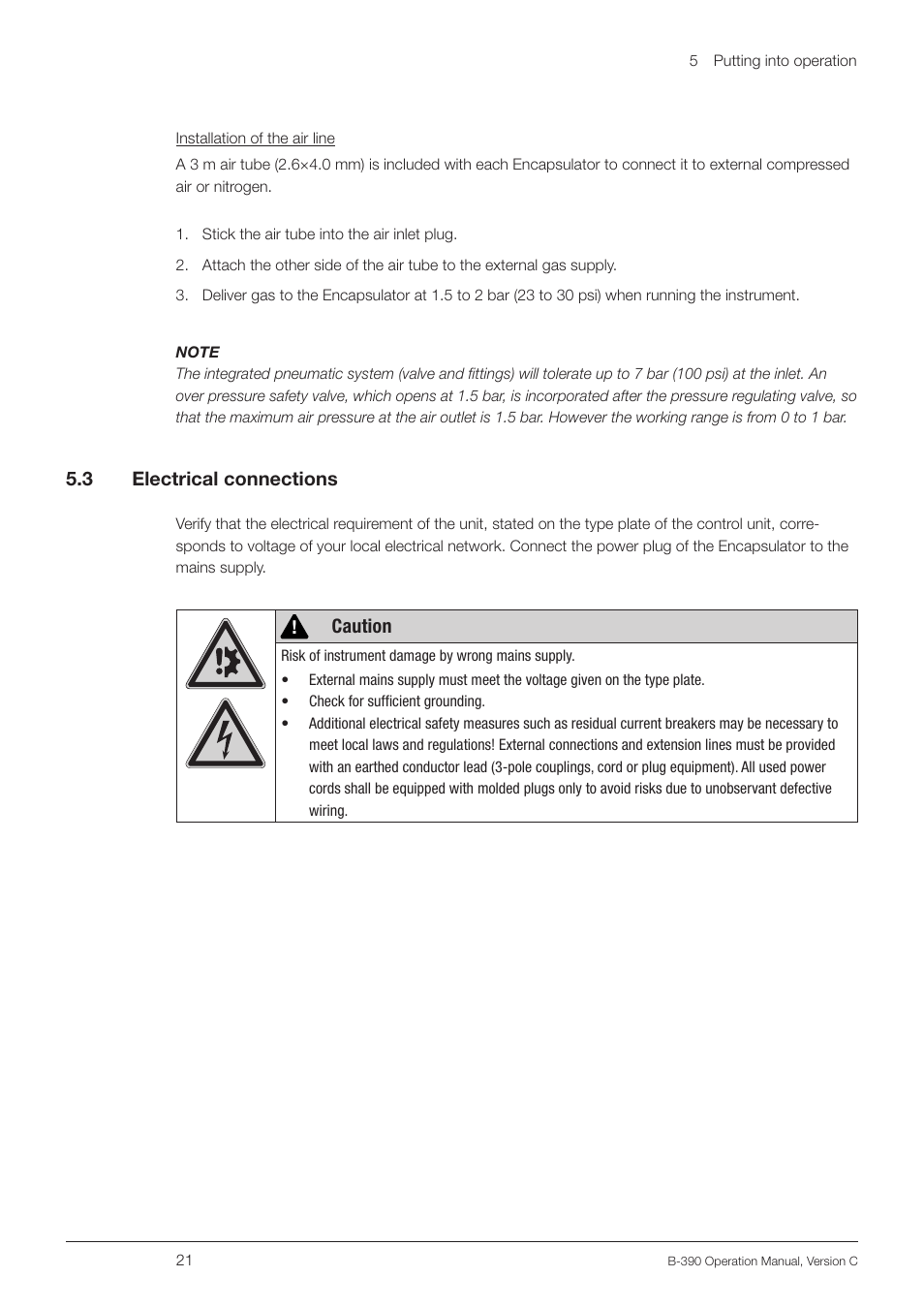 3 electrical connections, Electrical connections, 5 .3 electrical connections | Caution | BUCHI Encapsulator B-390 User Manual | Page 21 / 56