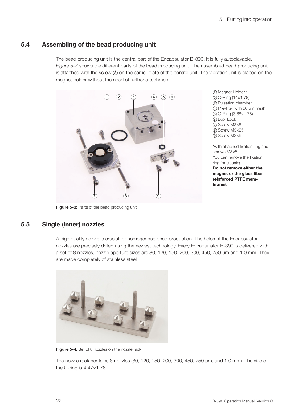 4 assembling of the bead producing unit, 5 single (inner) nozzles, Assembling of the bead producing unit | Single (inner) nozzles, 5 .4 assembling of the bead producing unit, 5 .5 single (inner) nozzles | BUCHI Encapsulator B-390 User Manual | Page 22 / 56