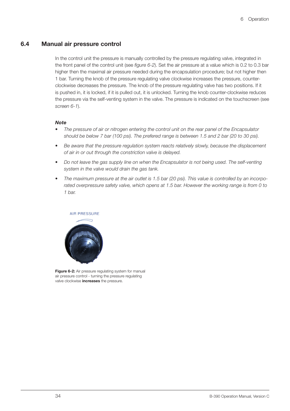 4 manual air pressure control, Manual air pressure control, 6 .4 manual air pressure control | BUCHI Encapsulator B-390 User Manual | Page 34 / 56