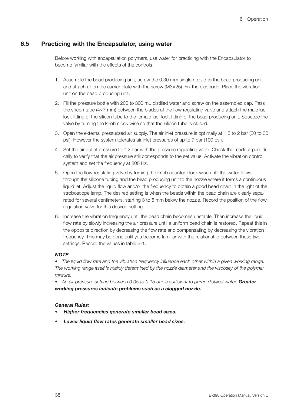 5 practicing with the encapsulator, using water, Practicing with the encapsulator, using water, 6 .5 practicing with the encapsulator, using water | BUCHI Encapsulator B-390 User Manual | Page 35 / 56