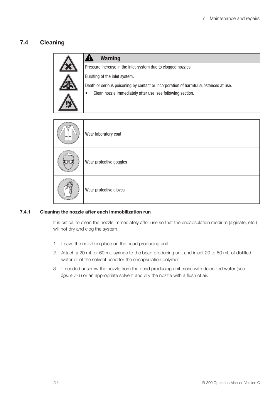 4 cleaning, 7 .4 cleaning, Warning | BUCHI Encapsulator B-390 User Manual | Page 47 / 56