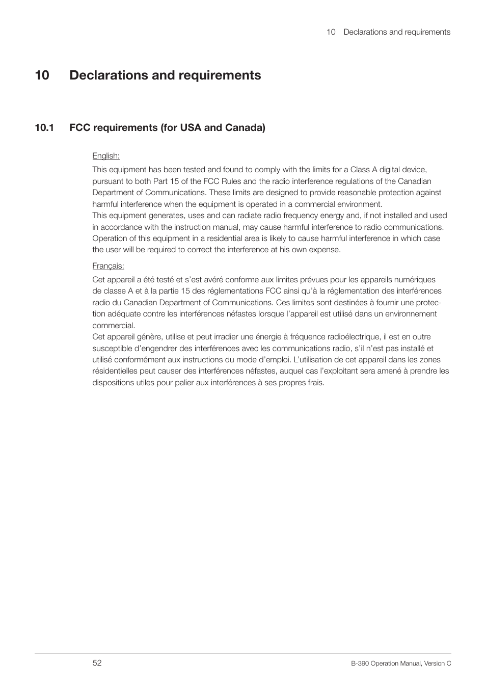 10 declarations and requirements, 1 fcc requirements (for usa and canada) | BUCHI Encapsulator B-390 User Manual | Page 52 / 56