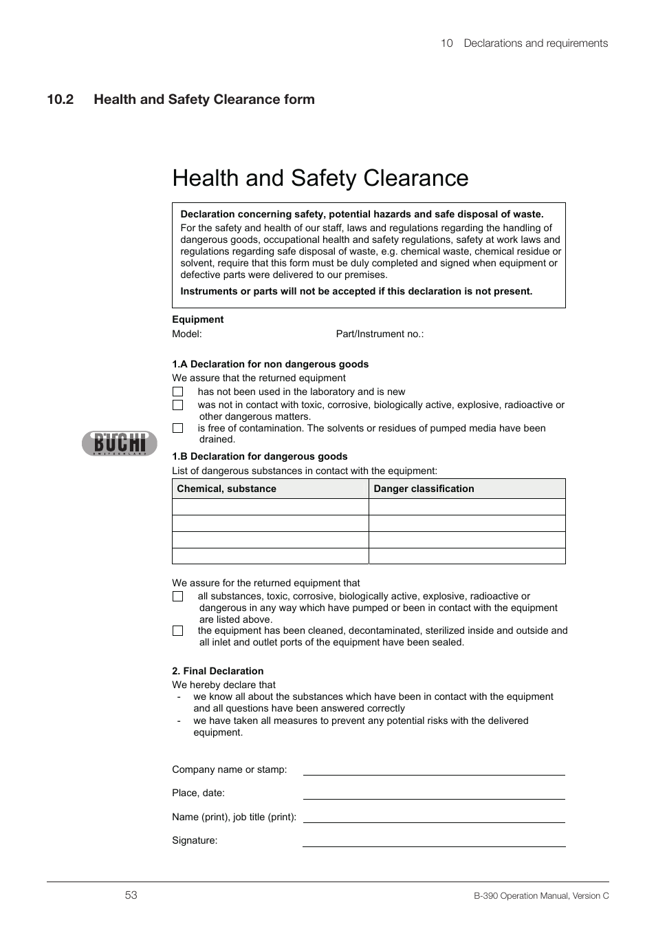 2 health and safety clearance form, Health and safety clearance, 10 .2 health and safety clearance form | BUCHI Encapsulator B-390 User Manual | Page 53 / 56