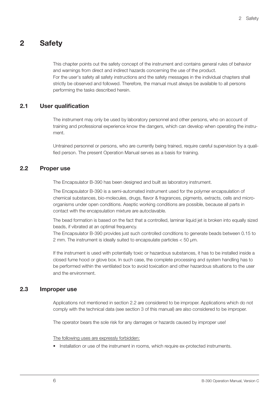 2 safety, 1 user qualification, 2 proper use | 3 improper use, User qualification, Proper use, Improper use, 2safety | BUCHI Encapsulator B-390 User Manual | Page 6 / 56