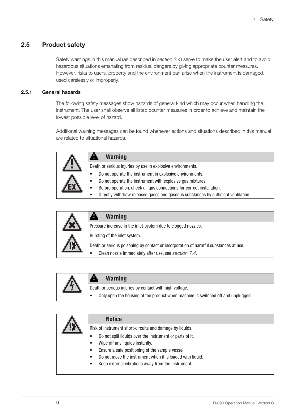 5 product safety, 1 general hazards, Product safety | BUCHI Encapsulator B-390 User Manual | Page 9 / 56