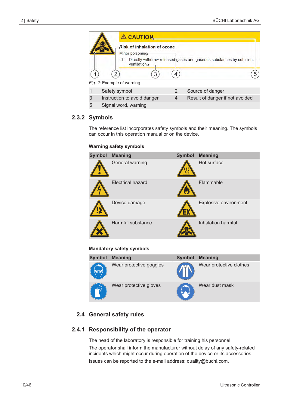 2 symbols, 4 general safety rules, 1 responsibility of the operator | BUCHI Ultrasonic Package User Manual | Page 10 / 46