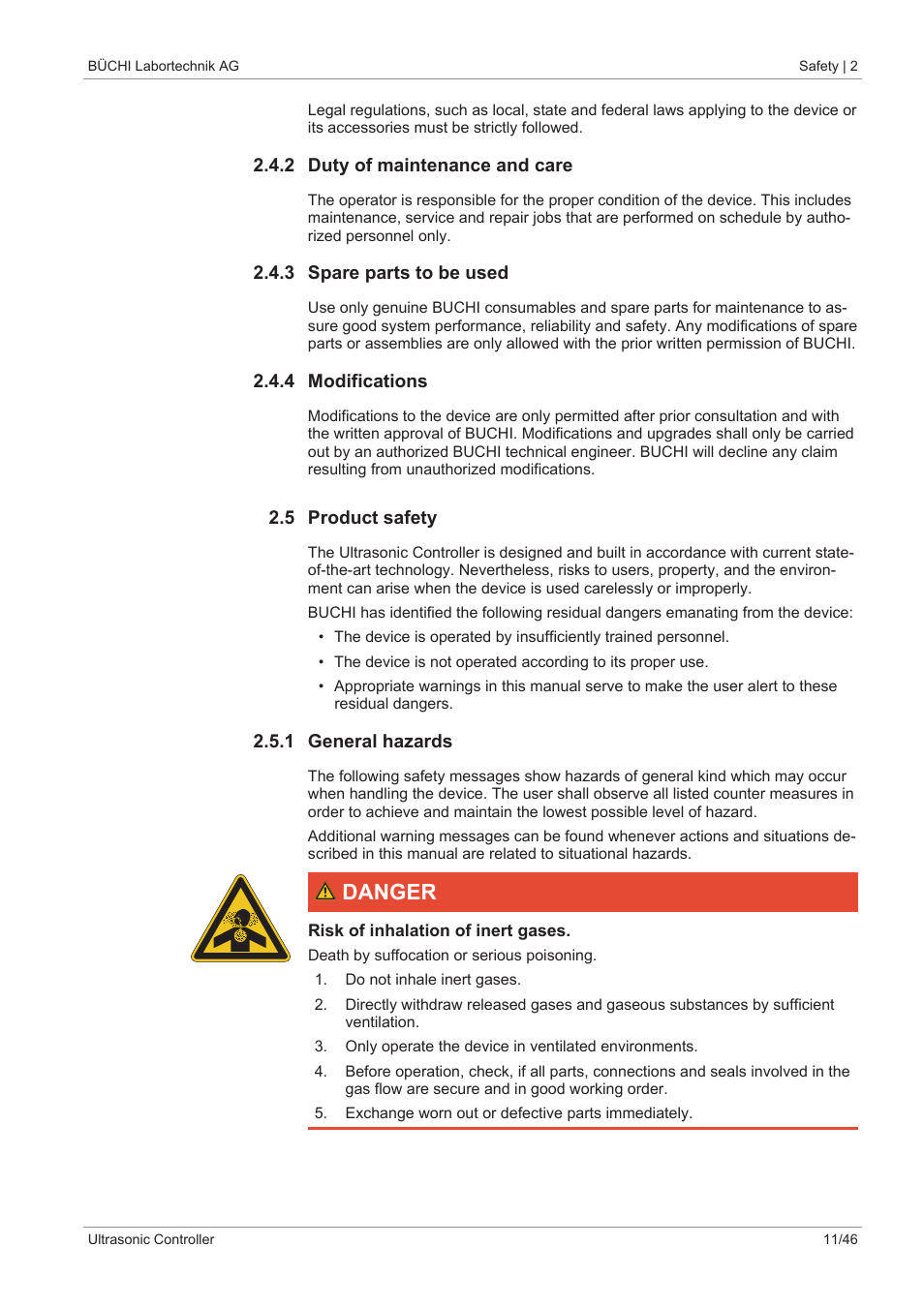 2 duty of maintenance and care, 3 spare parts to be used, 4 modifications | 5 product safety, 1 general hazards, Danger | BUCHI Ultrasonic Package User Manual | Page 11 / 46