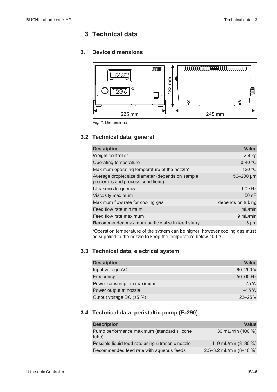 3 technical data, 1 device dimensions, 2 technical data, general | 3 technical data, electrical system, 4 technical data, peristaltic pump (b-290) | BUCHI Ultrasonic Package User Manual | Page 15 / 46