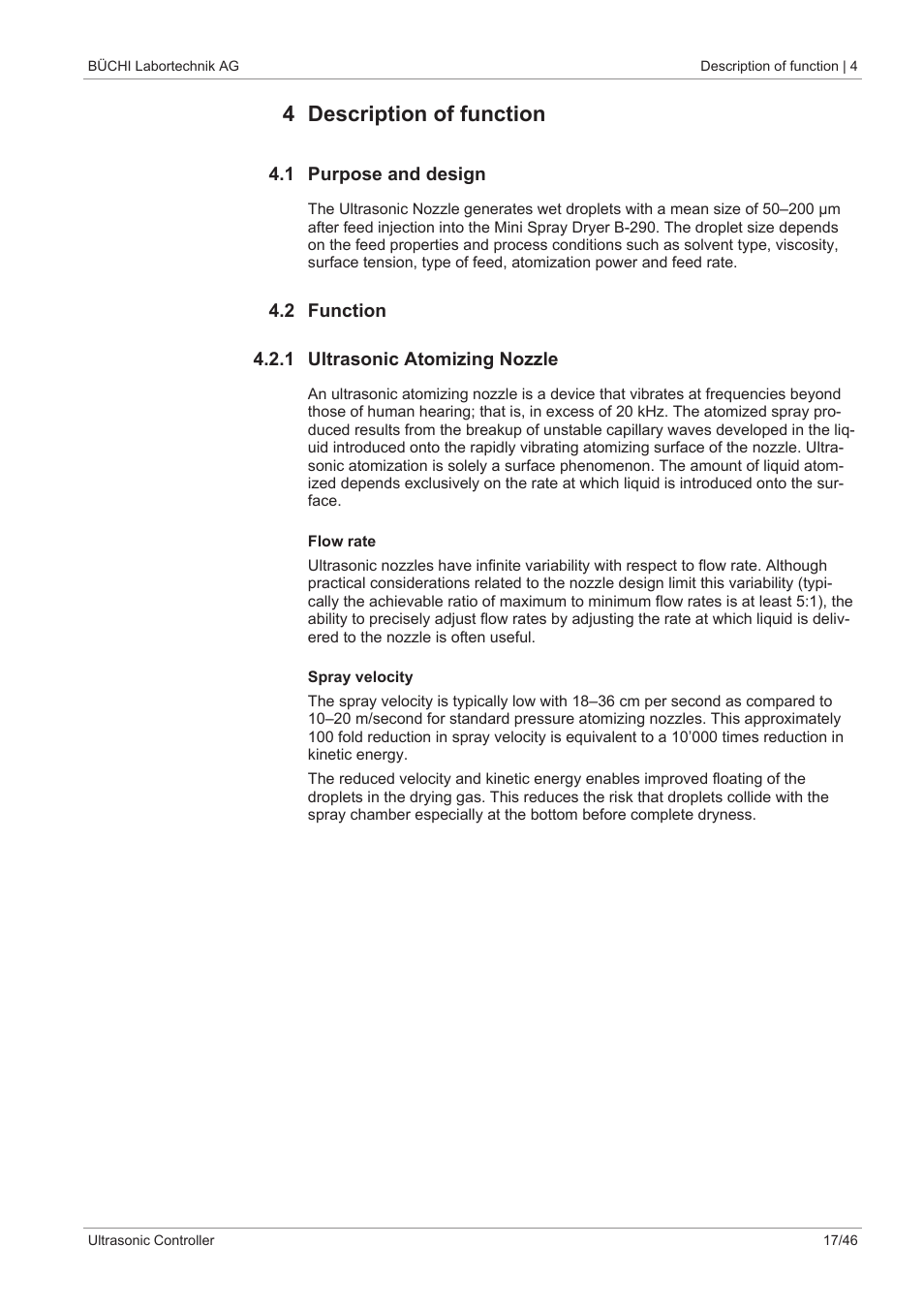 4 description of function, 1 purpose and design, 2 function | 1 ultrasonic atomizing nozzle | BUCHI Ultrasonic Package User Manual | Page 17 / 46