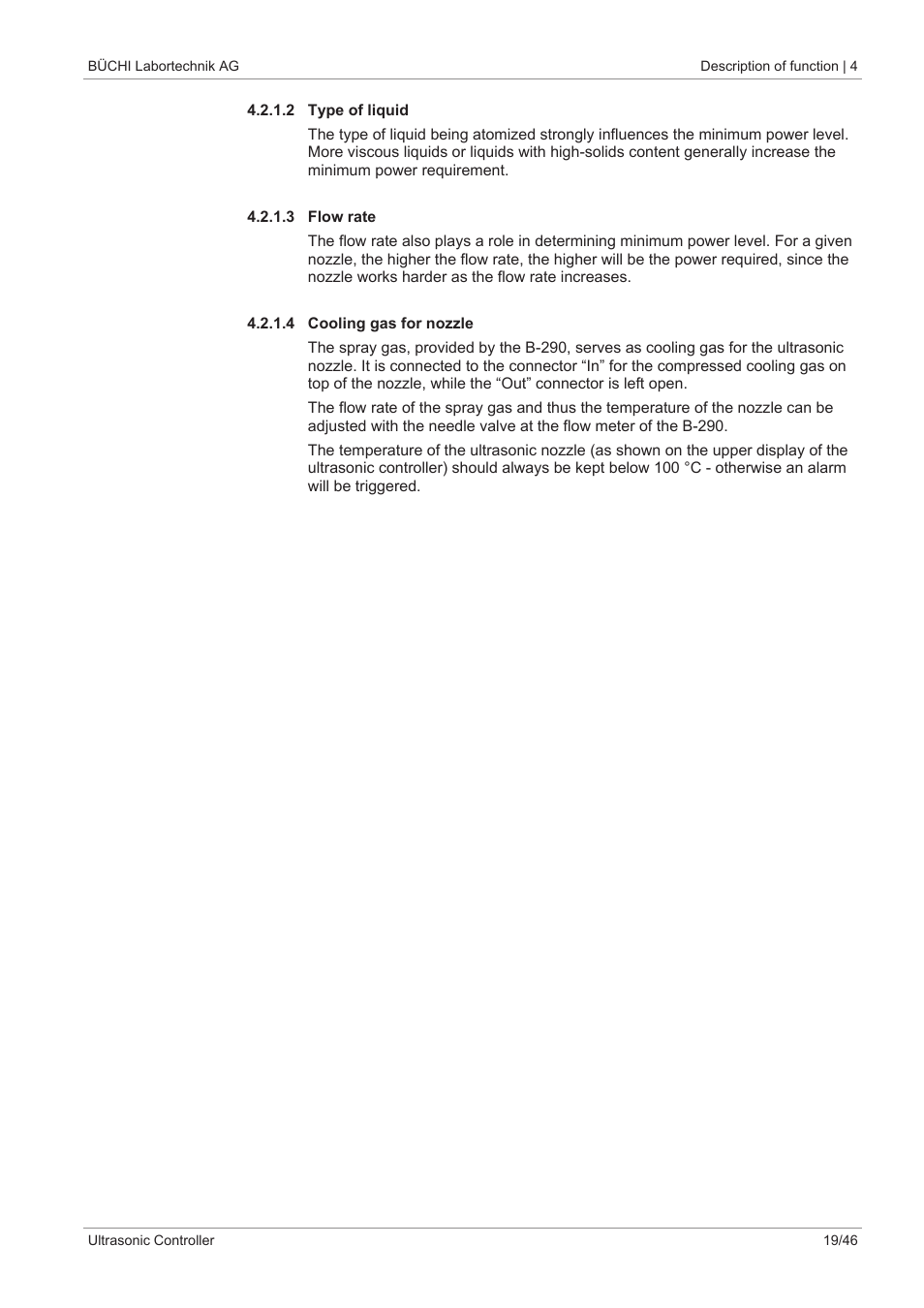2 type of liquid, 3 flow rate, 4 cooling gas for nozzle | BUCHI Ultrasonic Package User Manual | Page 19 / 46