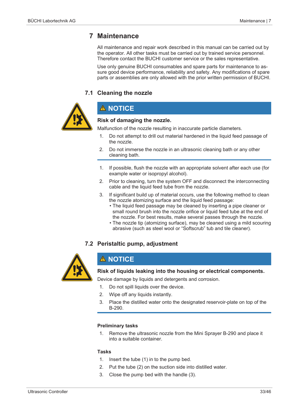 7 maintenance, 1 cleaning the nozzle, 2 peristaltic pump, adjustment | Notice | BUCHI Ultrasonic Package User Manual | Page 33 / 46