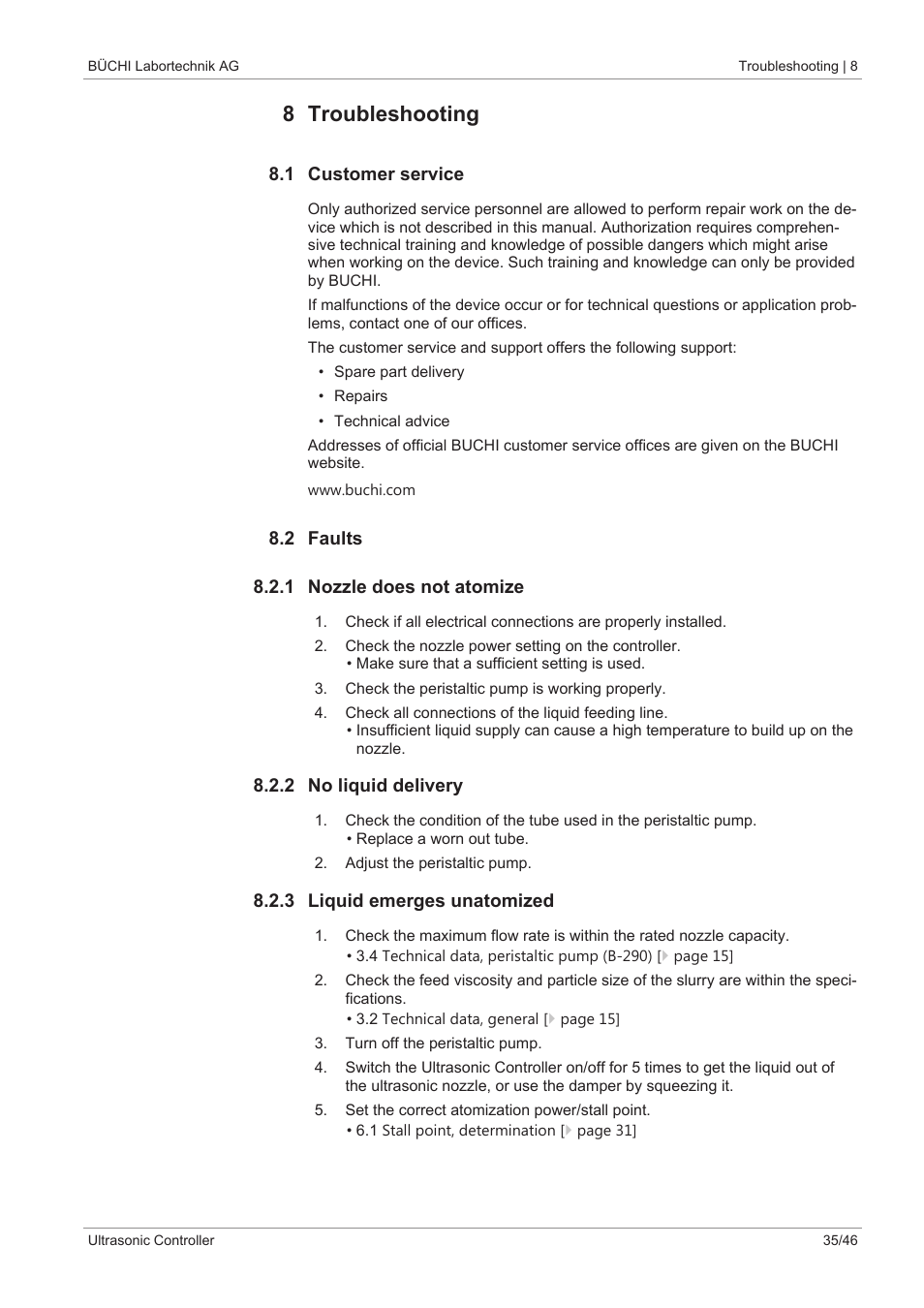 8 troubleshooting, 1 customer service, 2 faults | 1 nozzle does not atomize, 2 no liquid delivery, 3 liquid emerges unatomized | BUCHI Ultrasonic Package User Manual | Page 35 / 46