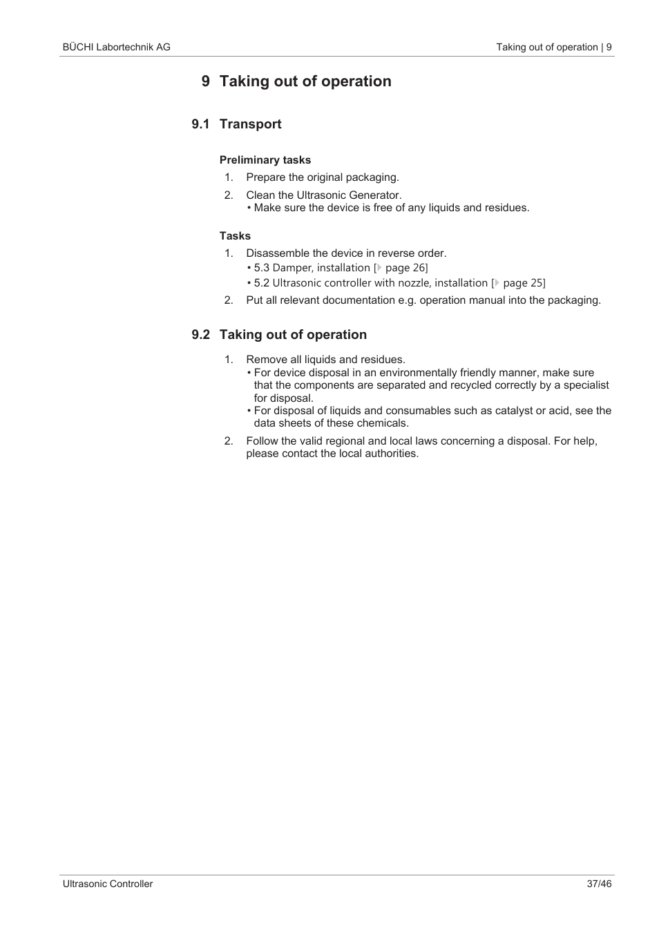 9 taking out of operation, 1 transport, 2 taking out of operation | BUCHI Ultrasonic Package User Manual | Page 37 / 46