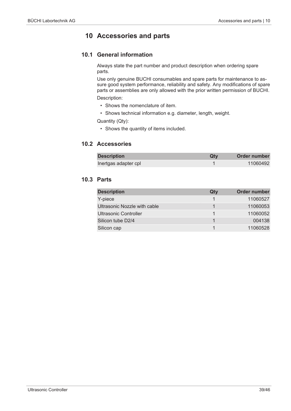 10 accessories and parts, 1 general information, 2 accessories | 3 parts | BUCHI Ultrasonic Package User Manual | Page 39 / 46