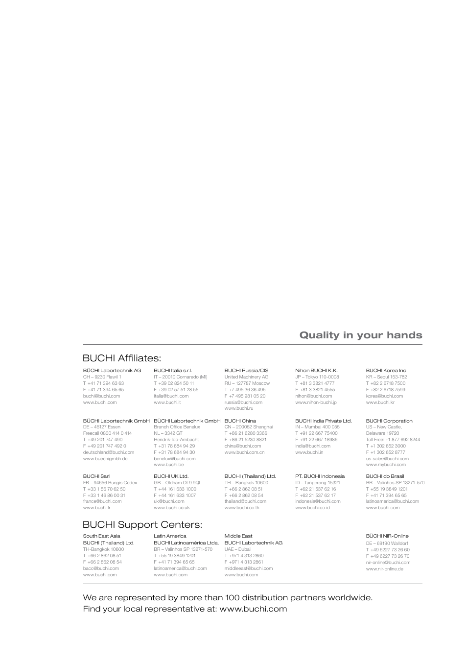 Quality in your hands buchi affiliates, Buchi support centers | BUCHI Ultrasonic Package User Manual | Page 46 / 46