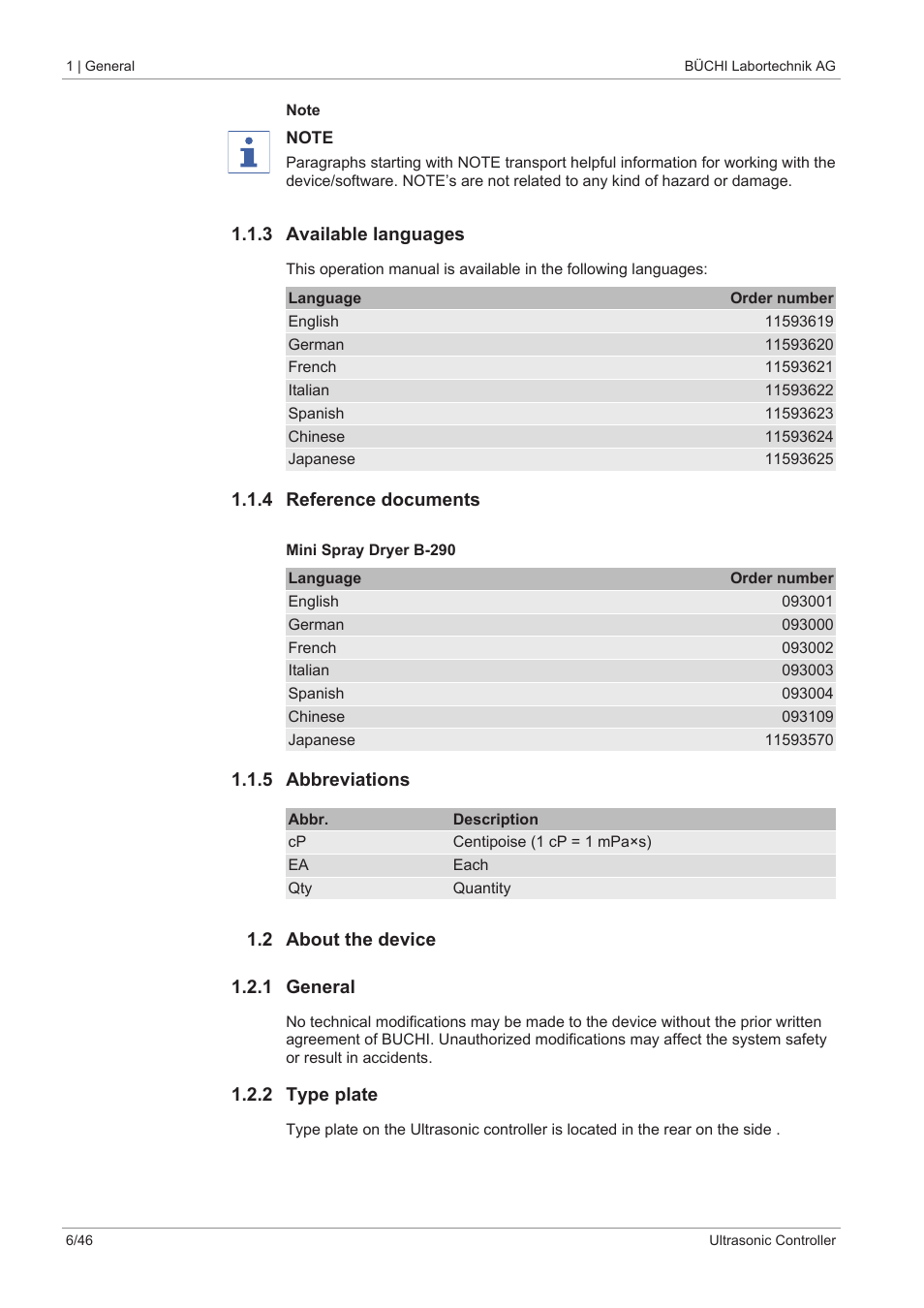 3 available languages, 4 reference documents, 5 abbreviations | 2 about the device, 1 general, 2 type plate | BUCHI Ultrasonic Package User Manual | Page 6 / 46