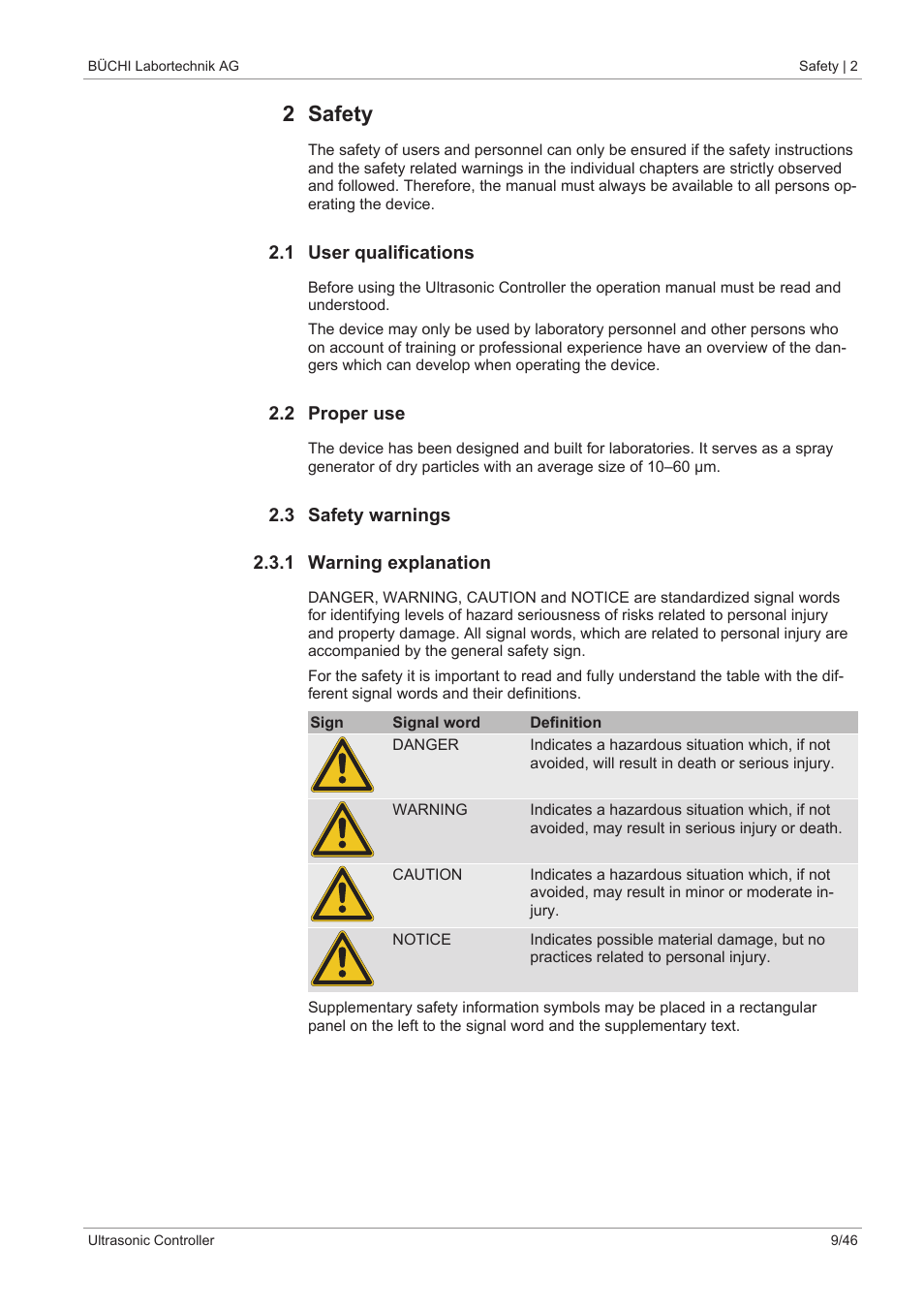 2 safety, 1 user qualifications, 2 proper use | 3 safety warnings, 1 warning explanation | BUCHI Ultrasonic Package User Manual | Page 9 / 46