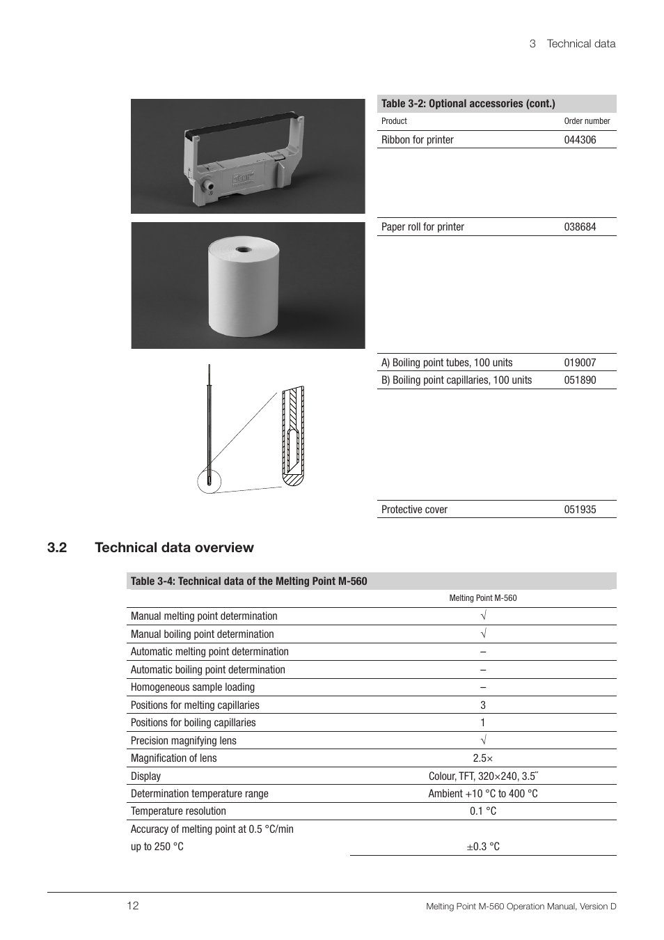 2 technical data overview, Technical data overview | BUCHI Melting Point M-560 User Manual | Page 12 / 50