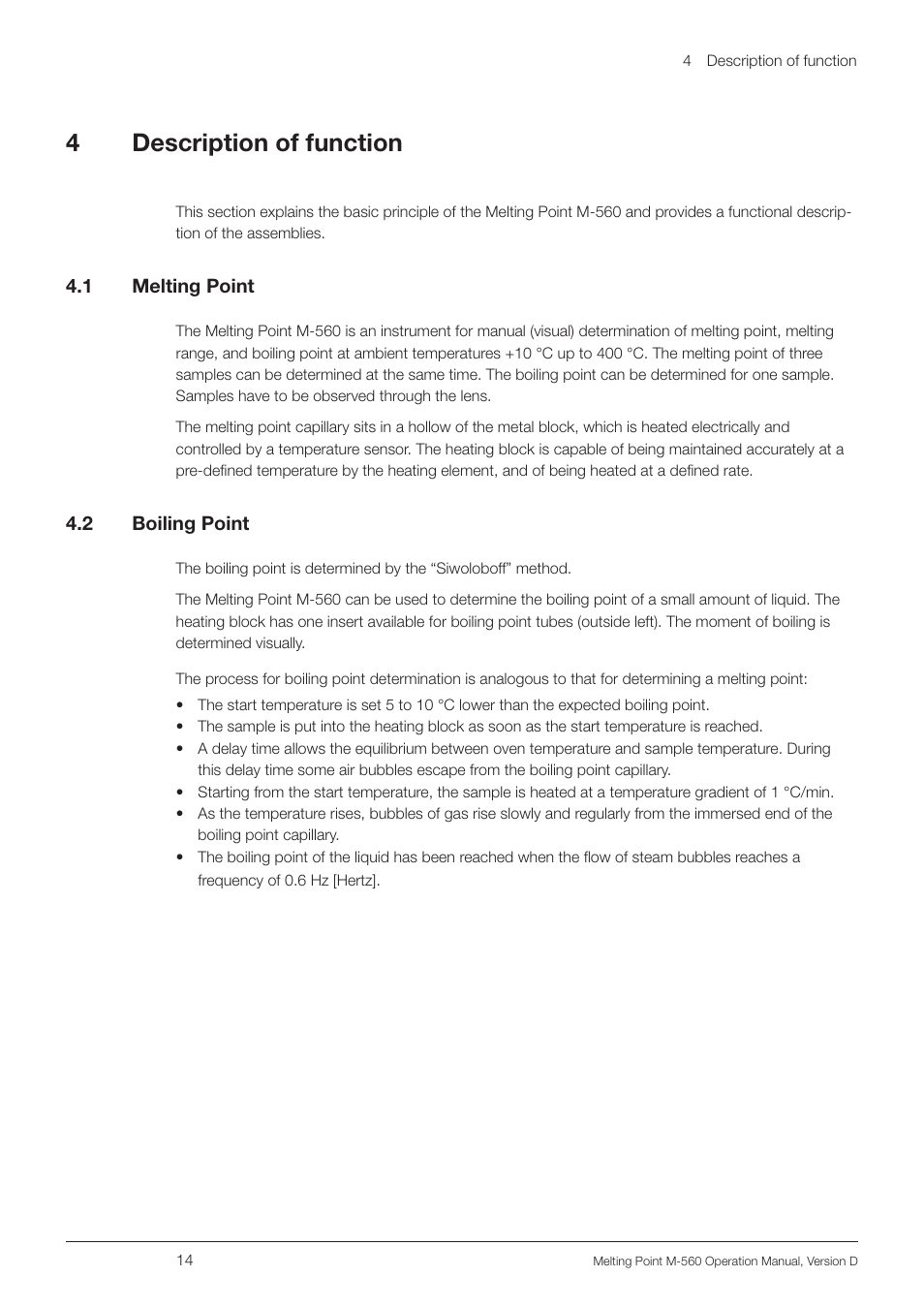 4 description of function, 1 melting point, 2 boiling point | Description of function 4.1, Melting point, Boiling point, 4description of function | BUCHI Melting Point M-560 User Manual | Page 14 / 50