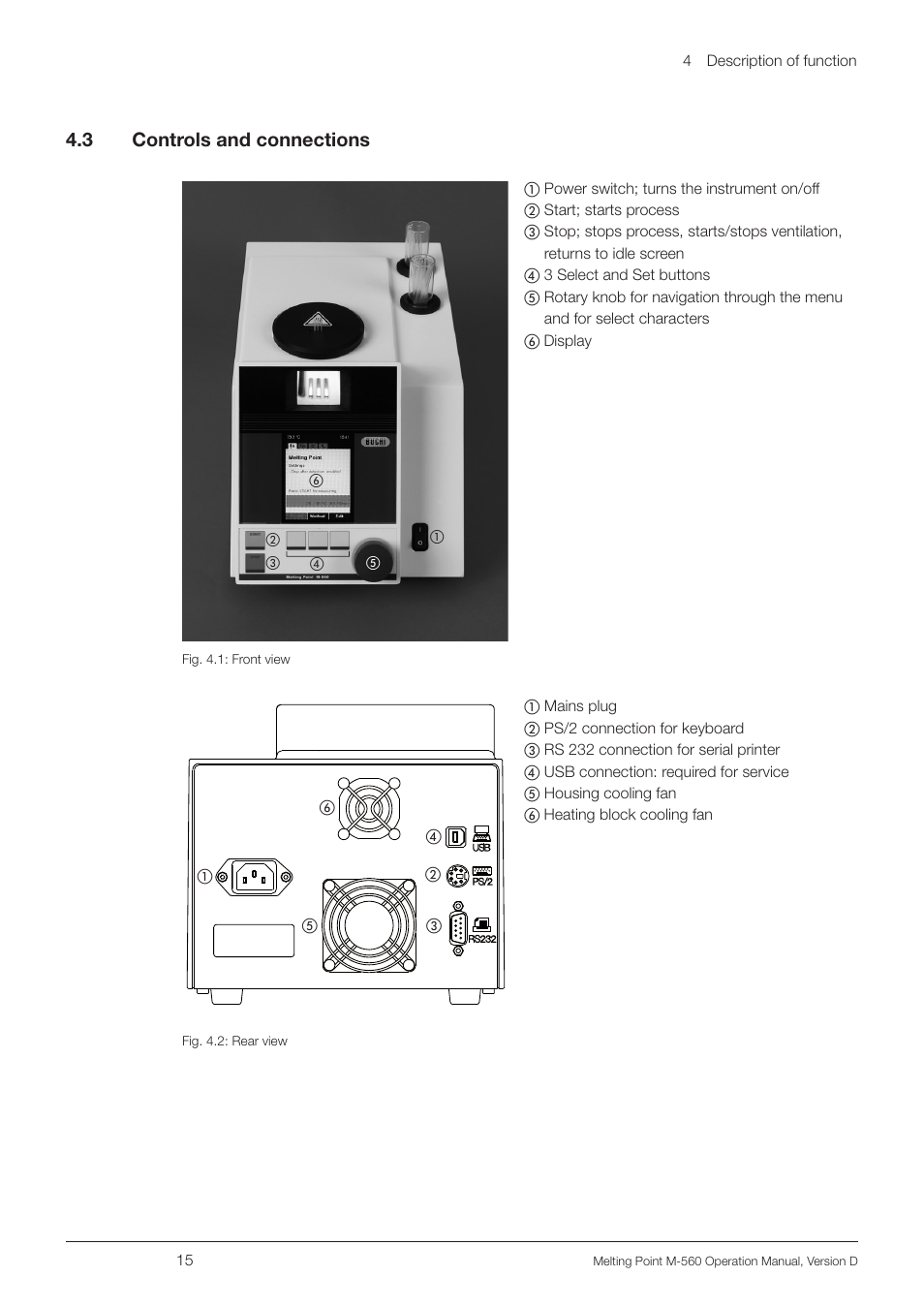 3 controls and connections, Controls and connections | BUCHI Melting Point M-560 User Manual | Page 15 / 50