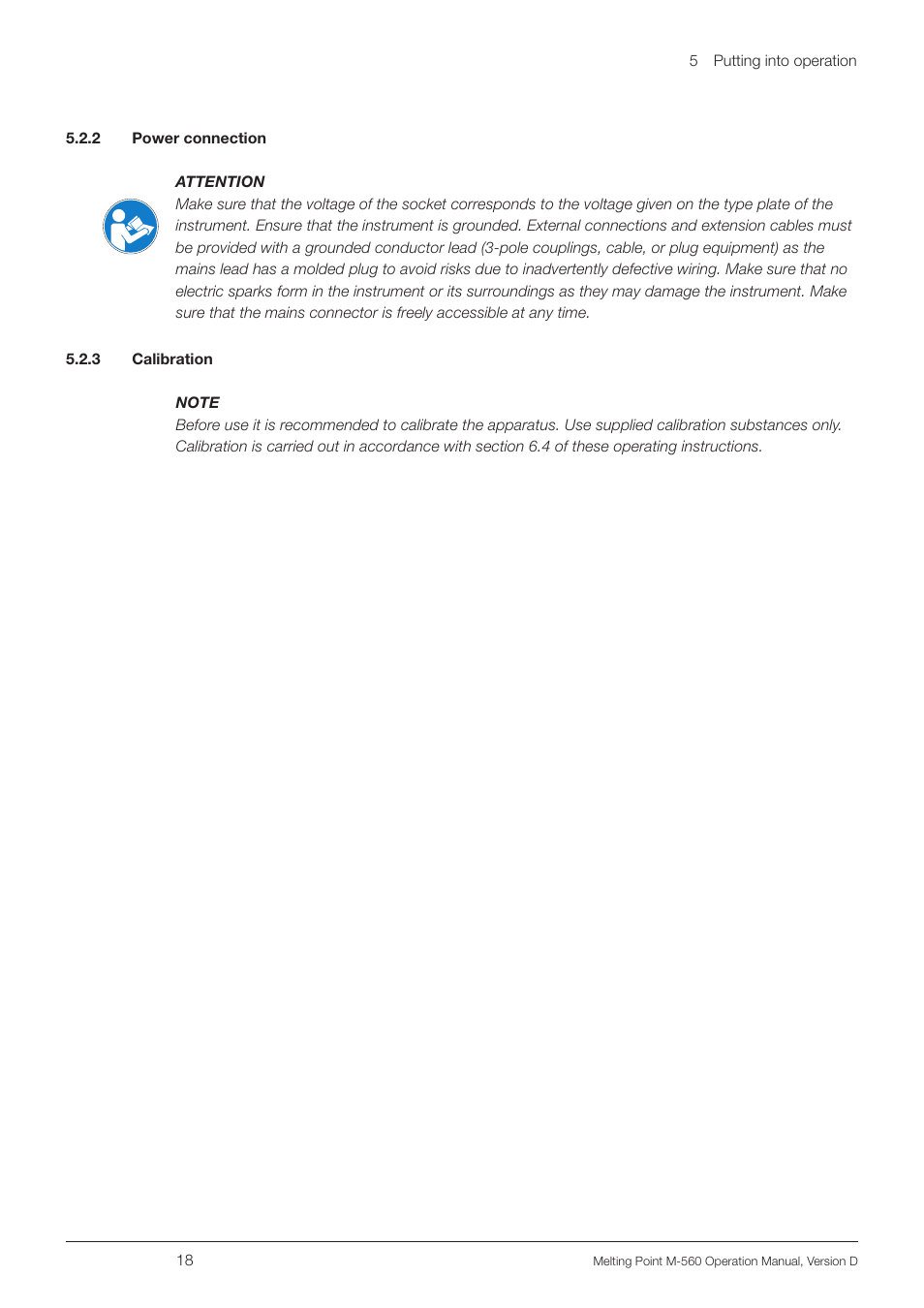 2 power connection, 3 calibration, 2 power connection 5.2.3 calibration | BUCHI Melting Point M-560 User Manual | Page 18 / 50