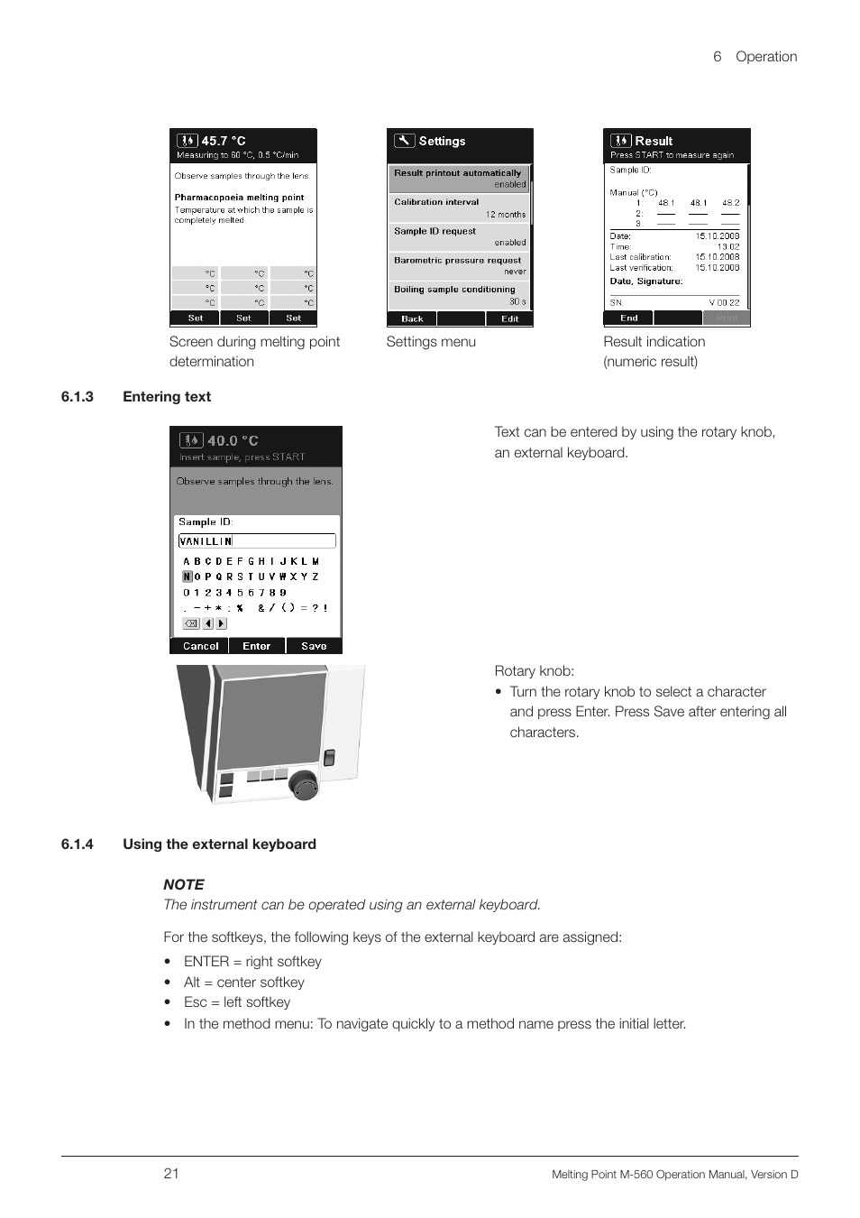 3 entering text, 4 using the external keyboard, 3 entering text 6.1.4 using the external keyboard | BUCHI Melting Point M-560 User Manual | Page 21 / 50