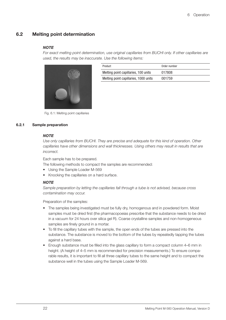 2 melting point determination, 1 sample preparation, Melting point determination | BUCHI Melting Point M-560 User Manual | Page 22 / 50